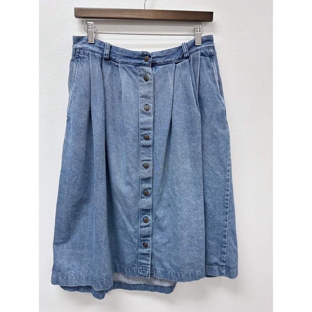 90s Susan Bristol Cottage Cabin Momcore Button Front Pleated Denim Midi Skirt 12